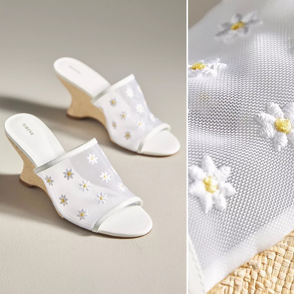 NEW Anthropologie Maeve Mesh Wedge Sz 7 White Embroidered Daisy Flowers Open Toe